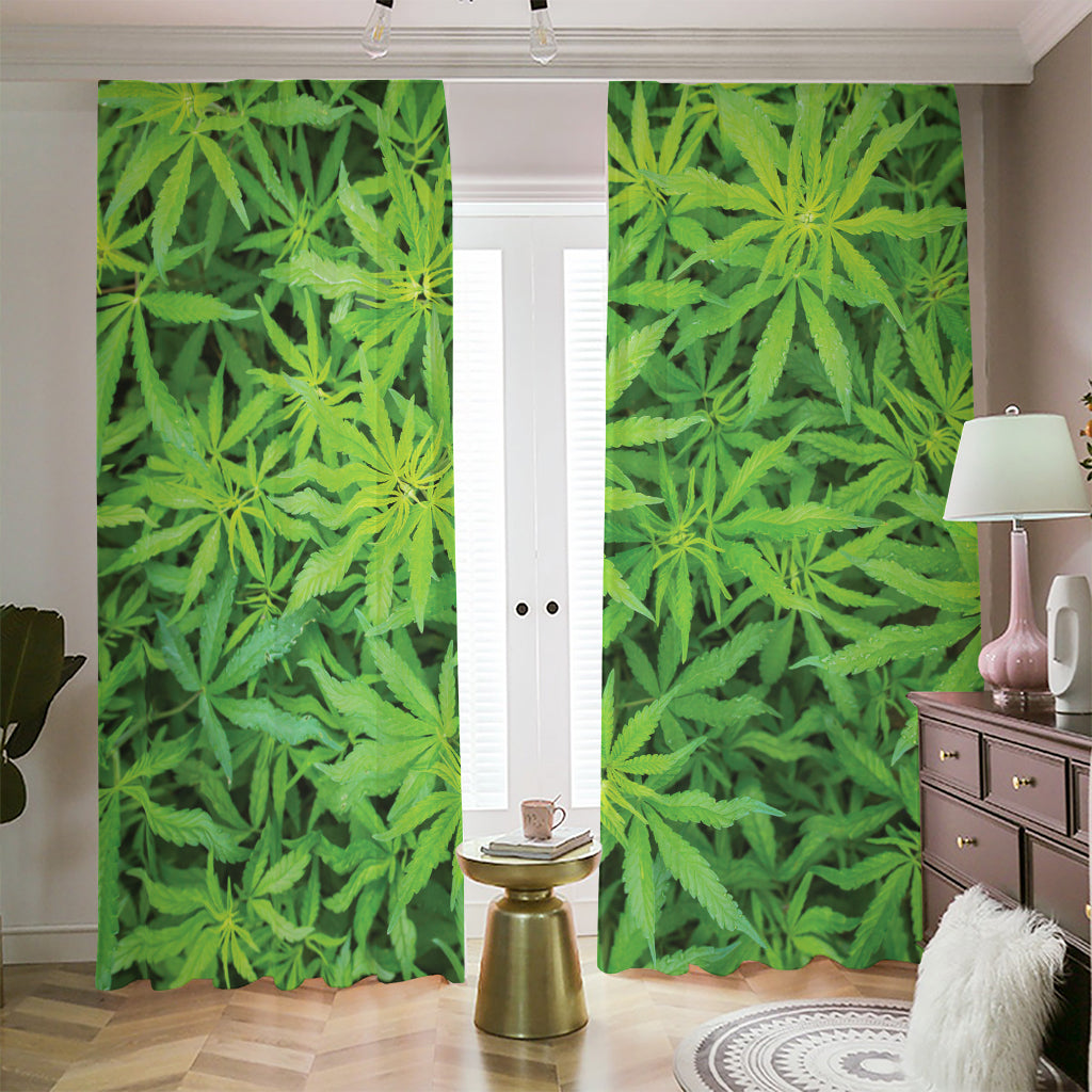 Green Pot Leaf Print Blackout Pencil Pleat Curtains