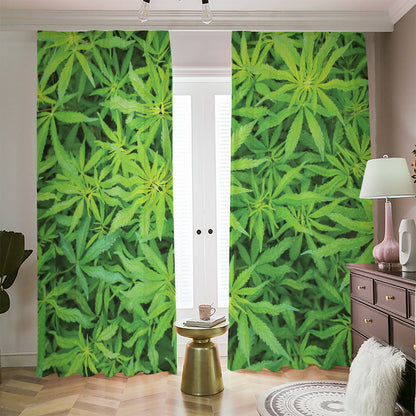 Green Pot Leaf Print Blackout Pencil Pleat Curtains