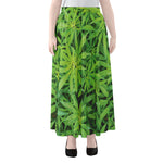 Green Pot Leaf Print Chiffon Maxi Skirt