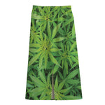 Green Pot Leaf Print Cotton Front Slit Maxi Skirt