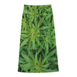 Green Pot Leaf Print Cotton Front Slit Maxi Skirt