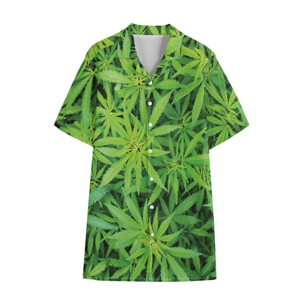Green Pot Leaf Print Cotton Hawaiian Shirt
