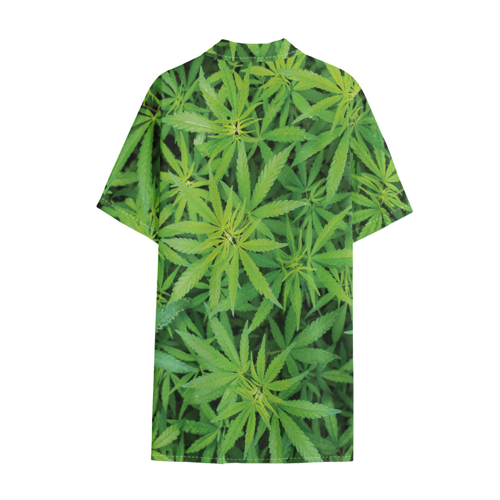 Green Pot Leaf Print Cotton Hawaiian Shirt