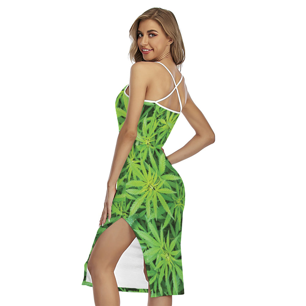 Green Pot Leaf Print Cross Back Cami Dress