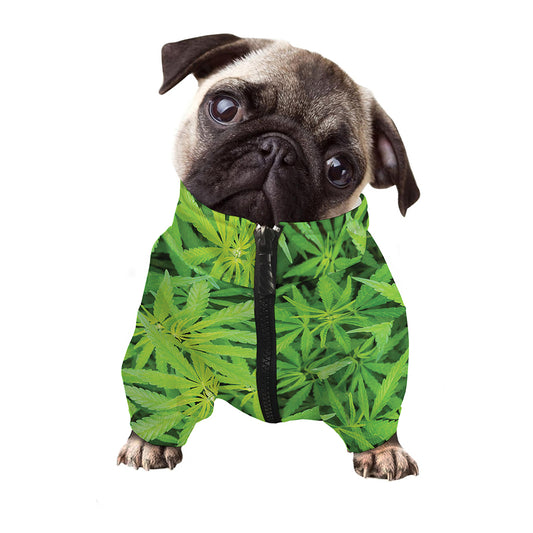 Green Pot Leaf Print Dog Zip Up Jacket