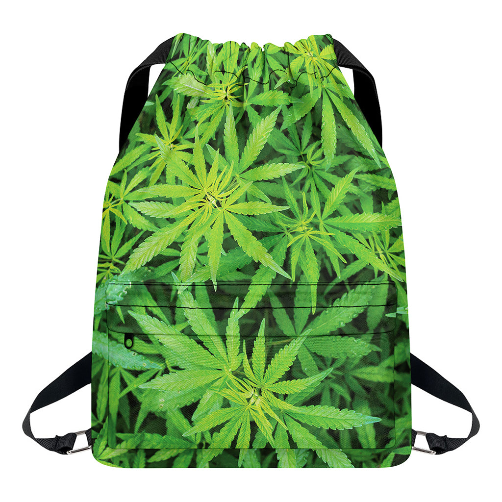 Green Pot Leaf Print Drawstring Backpack
