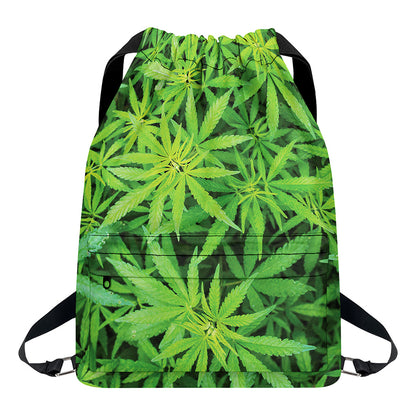 Green Pot Leaf Print Drawstring Backpack