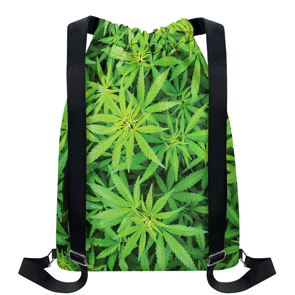 Green Pot Leaf Print Drawstring Backpack