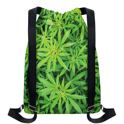 Green Pot Leaf Print Drawstring Backpack