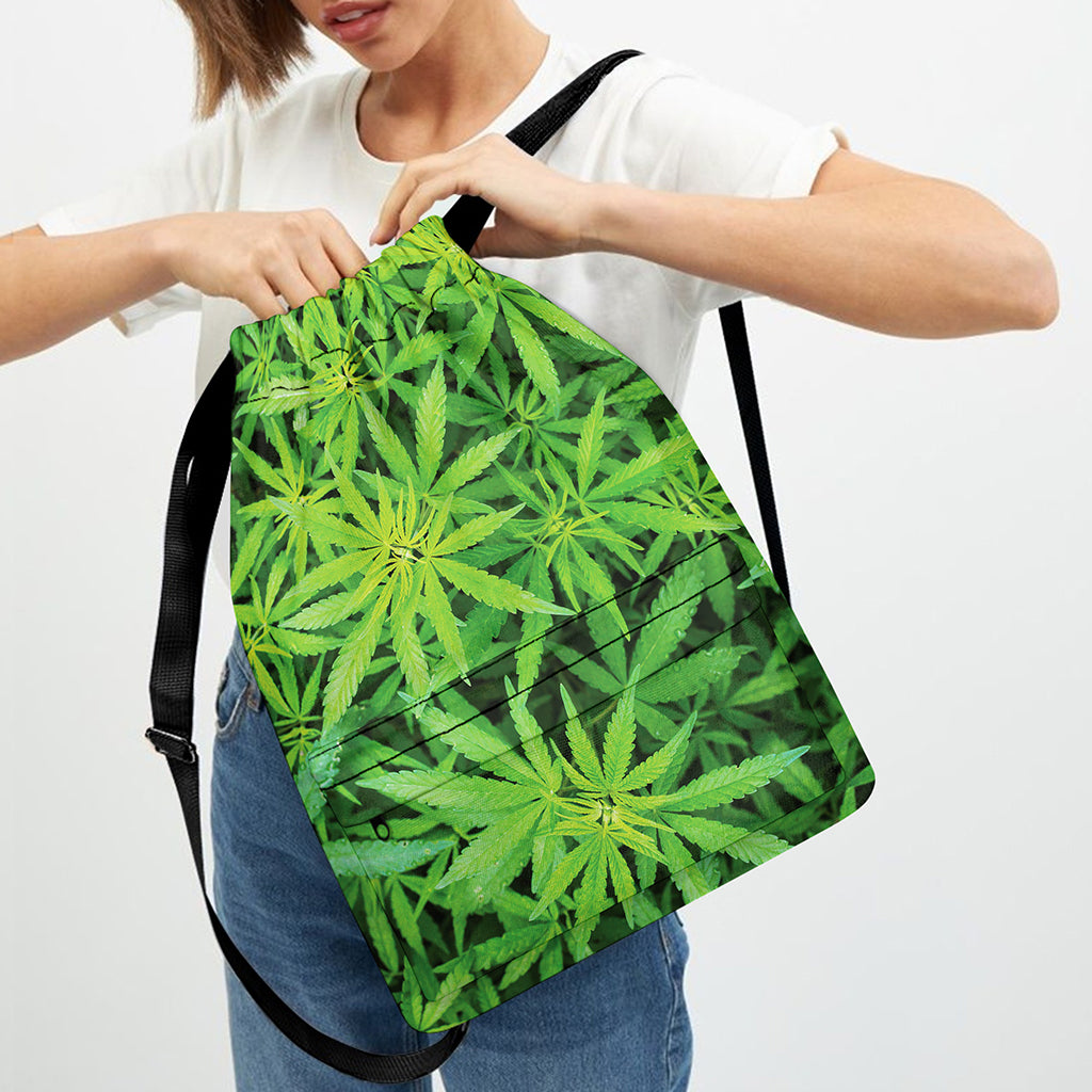 Green Pot Leaf Print Drawstring Backpack