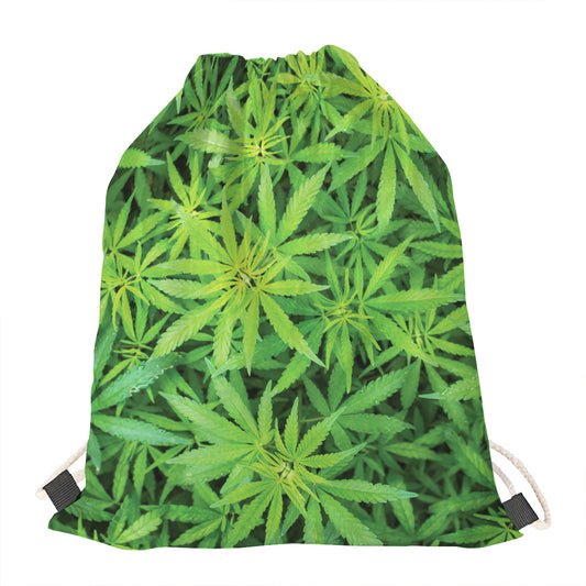 Green Pot Leaf Print Drawstring Bag