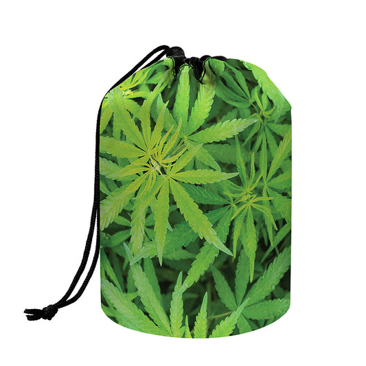 Green Pot Leaf Print Drawstring Makeup Bag