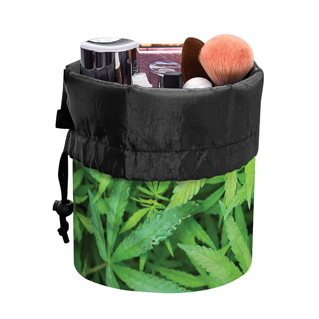 Green Pot Leaf Print Drawstring Makeup Bag