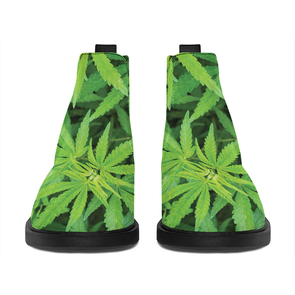 Green Pot Leaf Print Flat Ankle Boots