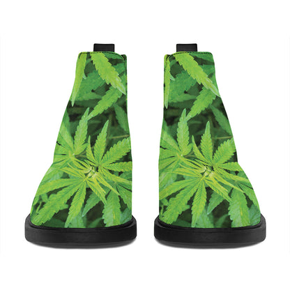 Green Pot Leaf Print Flat Ankle Boots