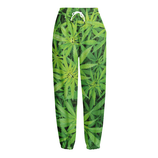 Green Pot Leaf Print Fleece Lined Knit Pants