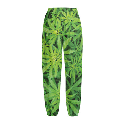Green Pot Leaf Print Fleece Lined Knit Pants