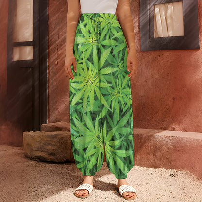 Green Pot Leaf Print Harem Pants