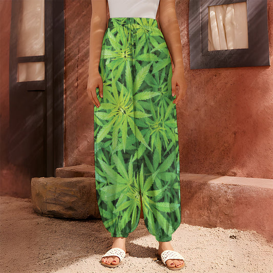 Green Pot Leaf Print Harem Pants