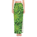 Green Pot Leaf Print High Slit Maxi Skirt