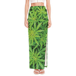 Green Pot Leaf Print High Slit Maxi Skirt