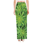 Green Pot Leaf Print High Slit Maxi Skirt