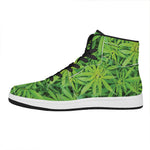 Green Pot Leaf Print High Top Leather Sneakers