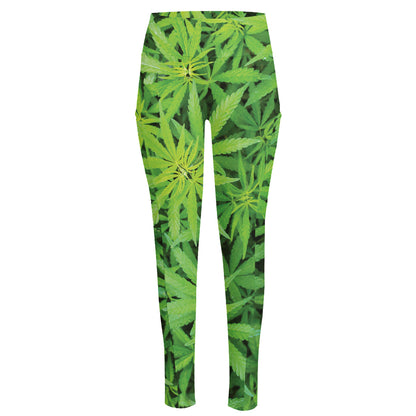 Green Pot Leaf Print High-Waisted Pocket Leggings