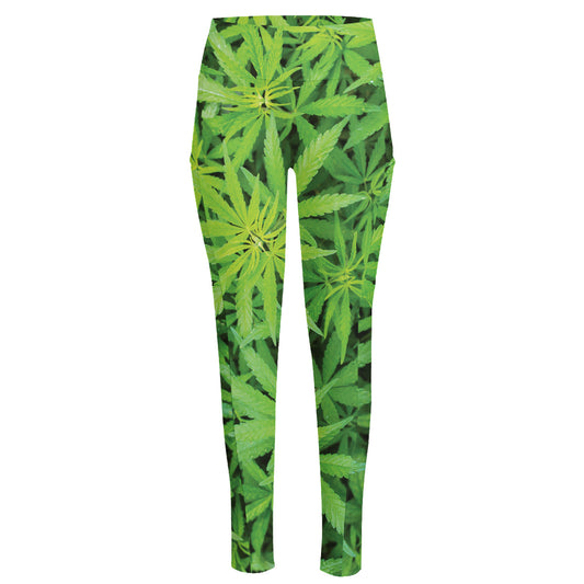 Green Pot Leaf Print High-Waisted Pocket Leggings