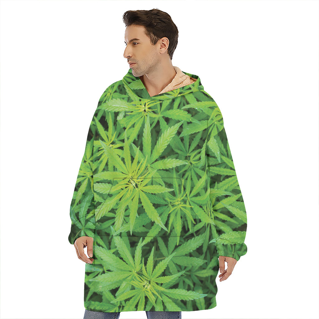 Green Pot Leaf Print Hoodie Blanket