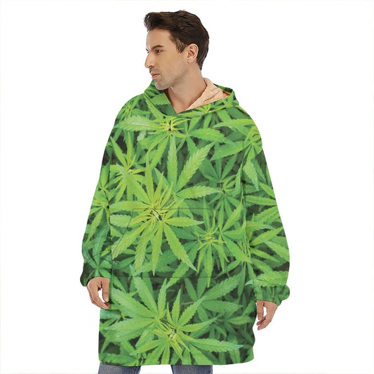 Green Pot Leaf Print Hoodie Blanket