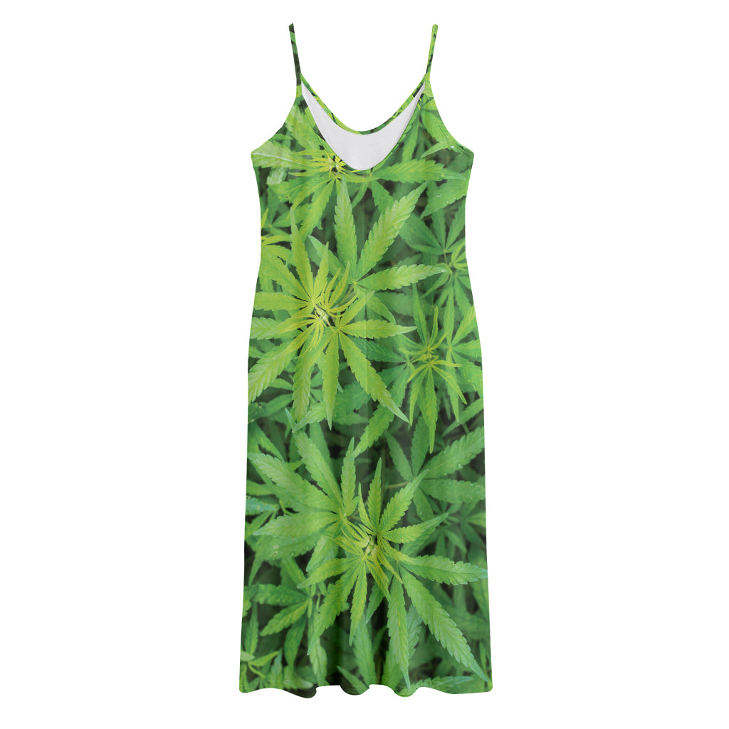 Green Pot Leaf Print Jersey Midi Cami Dress