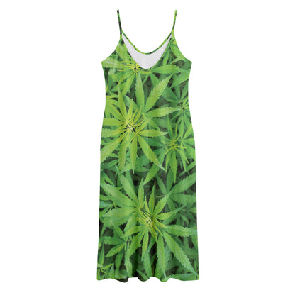 Green Pot Leaf Print Jersey Midi Cami Dress