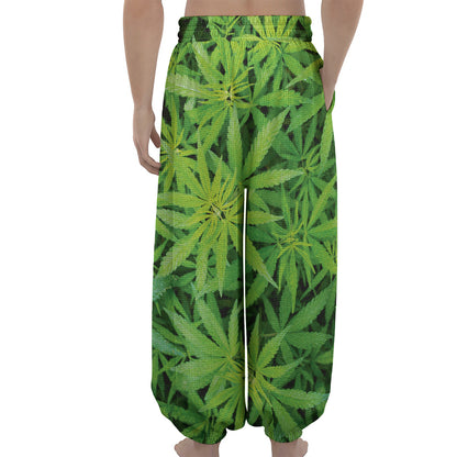 Green Pot Leaf Print Lantern Pants