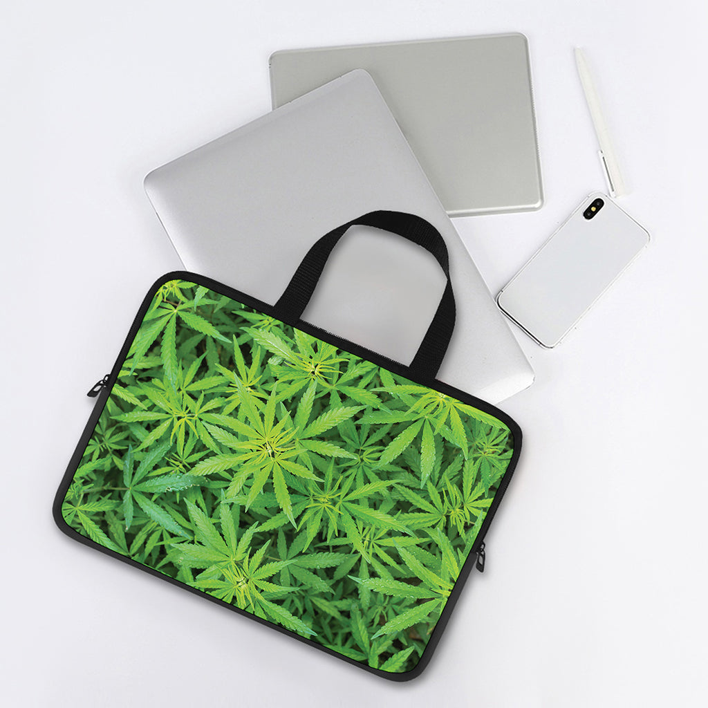 Green Pot Leaf Print Laptop Sleeve With Handle