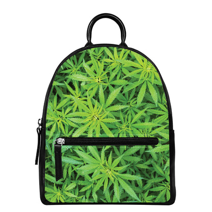 Green Pot Leaf Print Leather Backpack