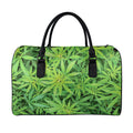 Green Pot Leaf Print Leather Duffel Bag