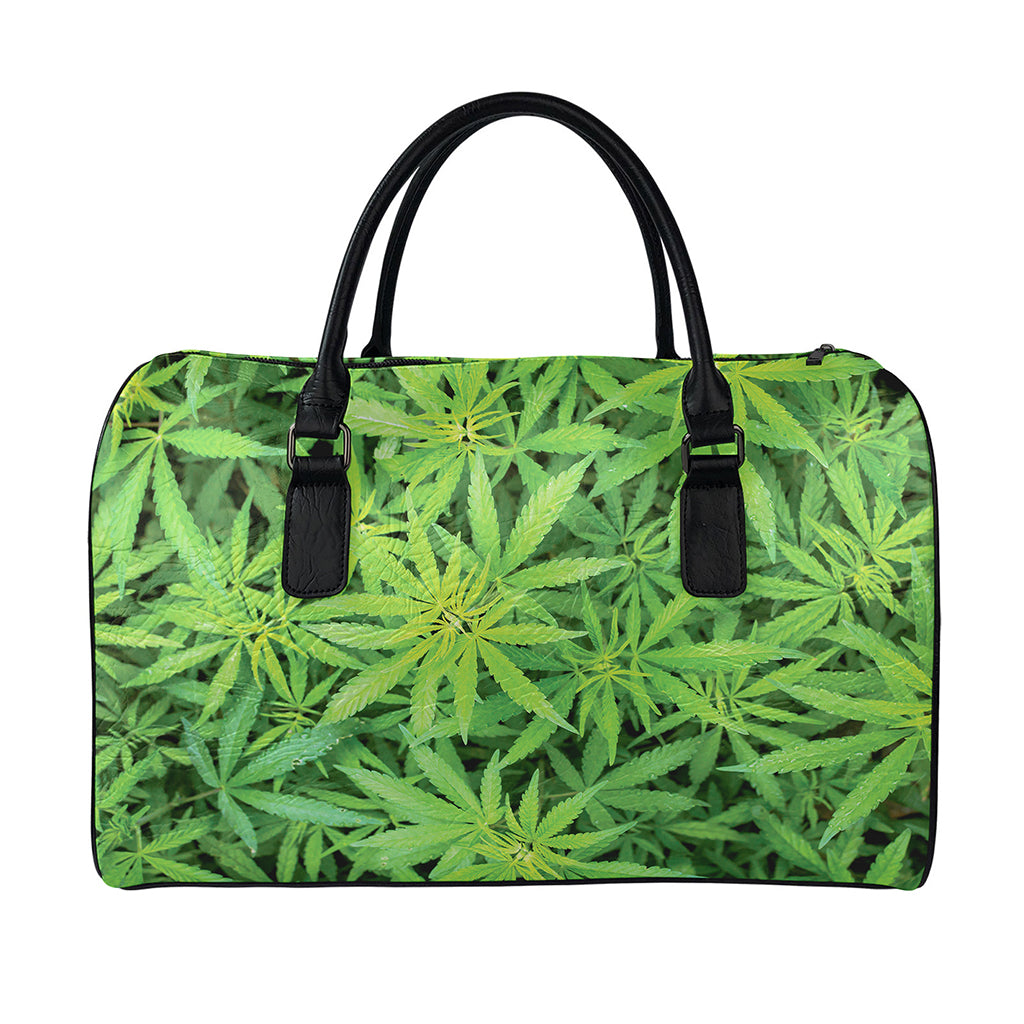Green Pot Leaf Print Leather Duffle Bag