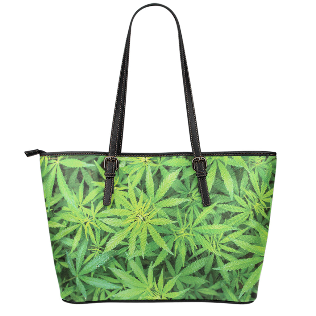 Green Pot Leaf Print Leather Tote Bag