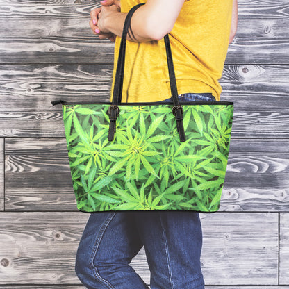 Green Pot Leaf Print Leather Tote Bag