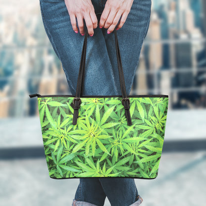 Green Pot Leaf Print Leather Tote Bag