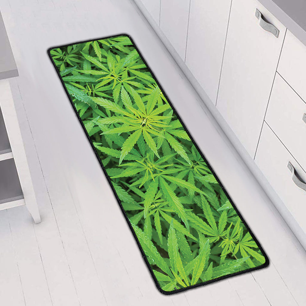 Green Pot Leaf Print Long Kitchen Mat