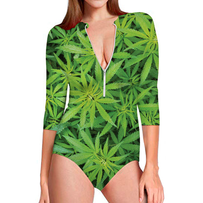 Green Pot Leaf Print Long Sleeve Swimsuit