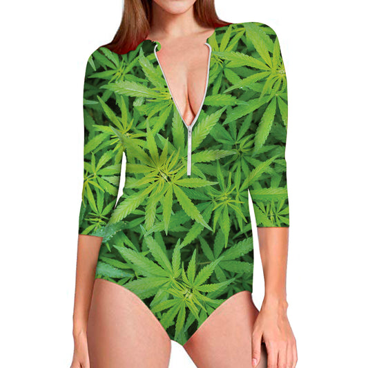 Green Pot Leaf Print Long Sleeve Swimsuit