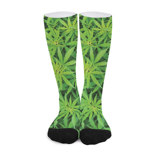 Green Pot Leaf Print Long Socks