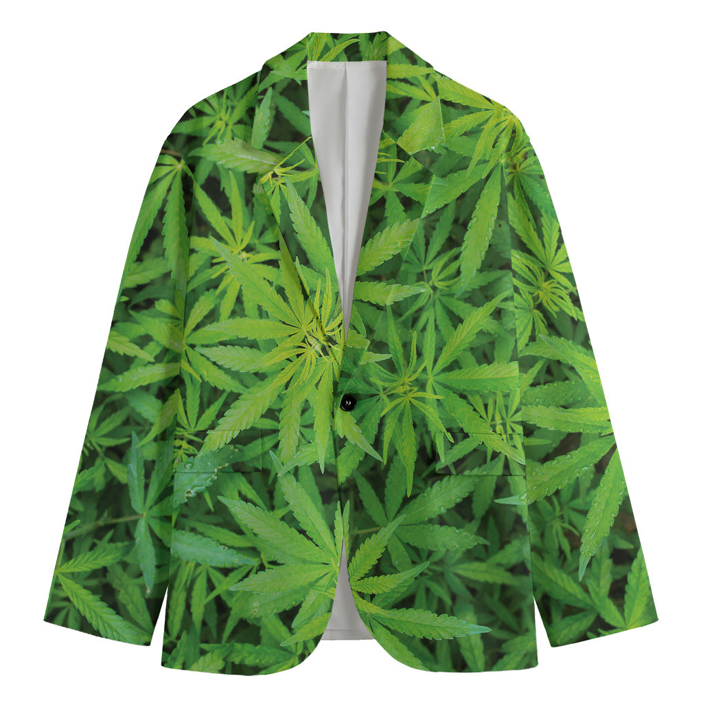 Green Pot Leaf Print Men's Blazer