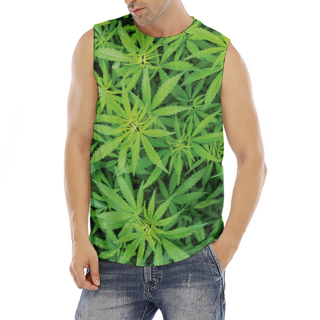 Green Pot Leaf Print Men's Fitness Tank Top