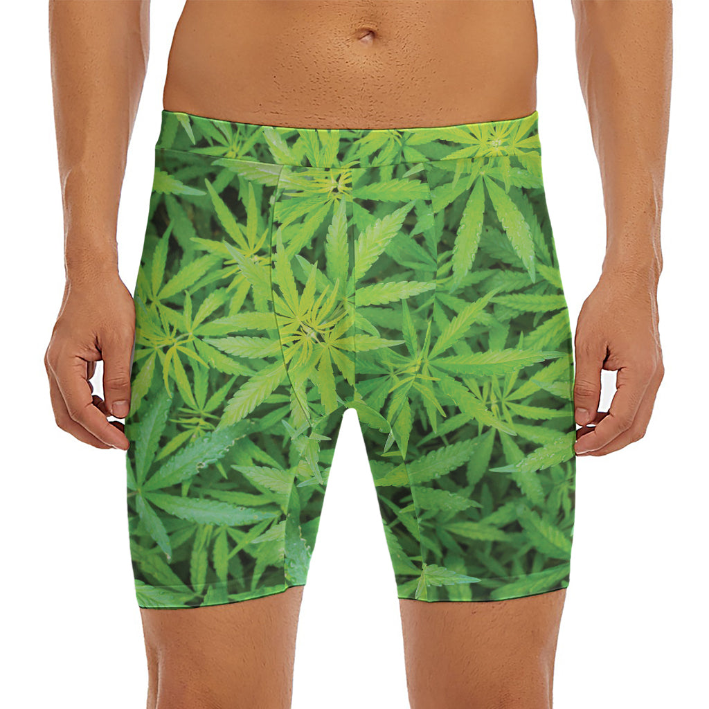 Green Pot Leaf Print Men's Long Boxer Briefs