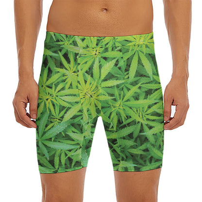 Green Pot Leaf Print Men's Long Boxer Briefs