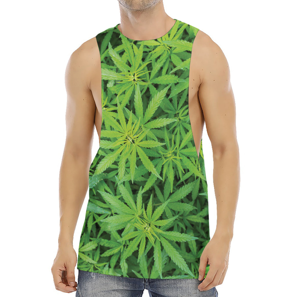 Green Pot Leaf Print Men's Muscle Tank Top